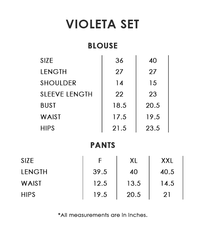 Violeta Set Size Chart