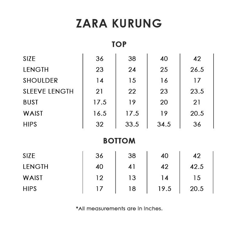 Zara Kurung Size Chart