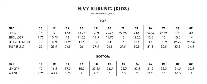 Elvy Kids Size Chart