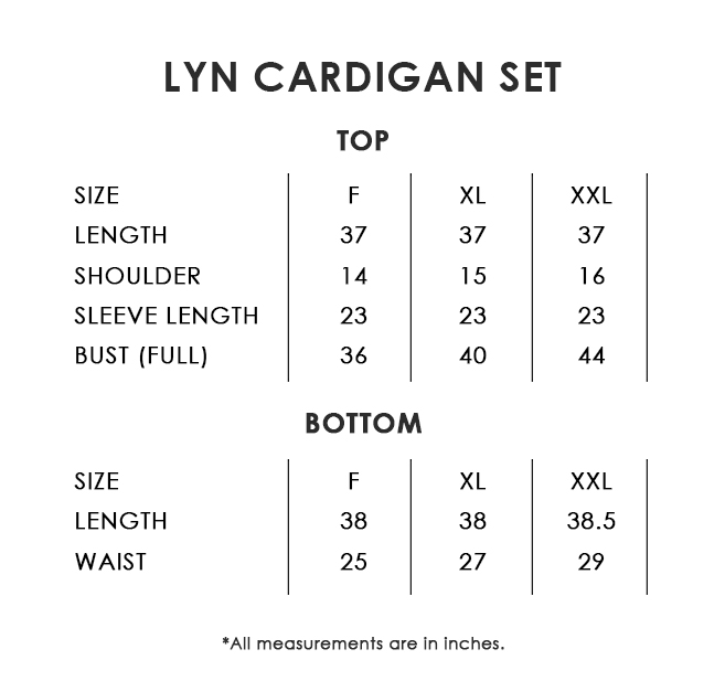 Lyn Cardigan Size Chart
