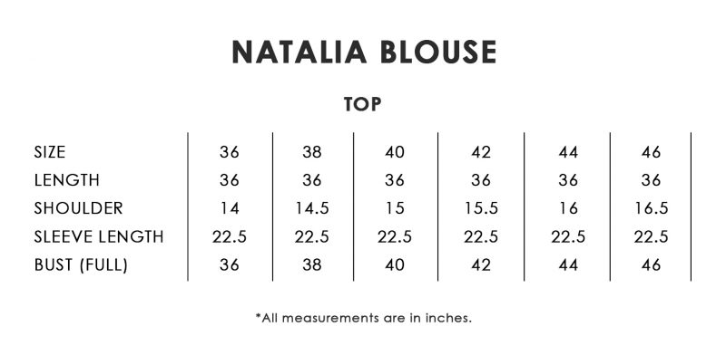 Natalia Blouse Size Chart