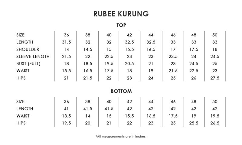 Rubee Kurung Size Chart