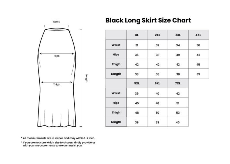 Black Long Skirt Size Chart